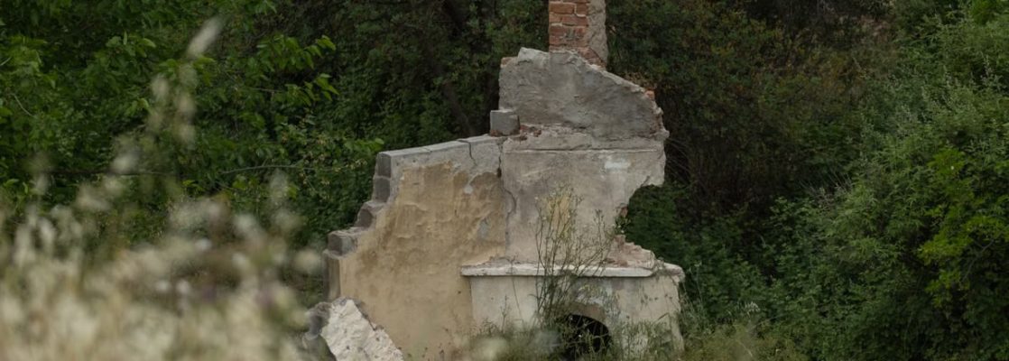 Explore an abandoned chimney amidst lush foliage in Bornova, İzmir, Türkiye.